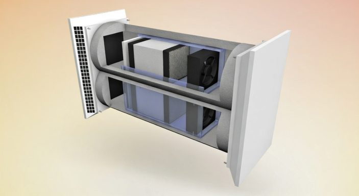 Schematische Darstellung Lüftungsanlage Schematischer Aufbau einer dezentralen Lüftungsanlage mit Wärmerückgewinnung